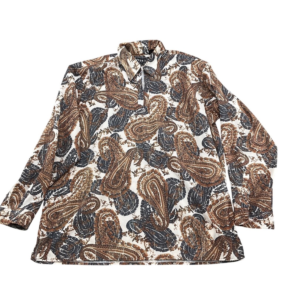 Pronti by Phita‎ Shirt Men XLarge Black Brown Paisley Cotton Crinkle Pullover